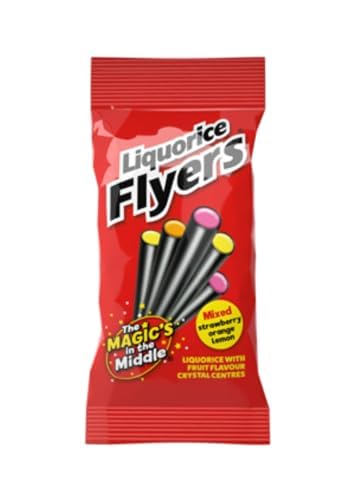 Flyers Liquorice Candy Sticks - 7 Pack x 12, Strawberry Orange Lemon Chewy Licorice Sweets with Fruit Crystal Centre