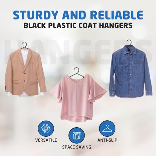 1ABOVE - 25pk Adult Black Plastic Coat Hangers with Trouser Bar & Clips 6