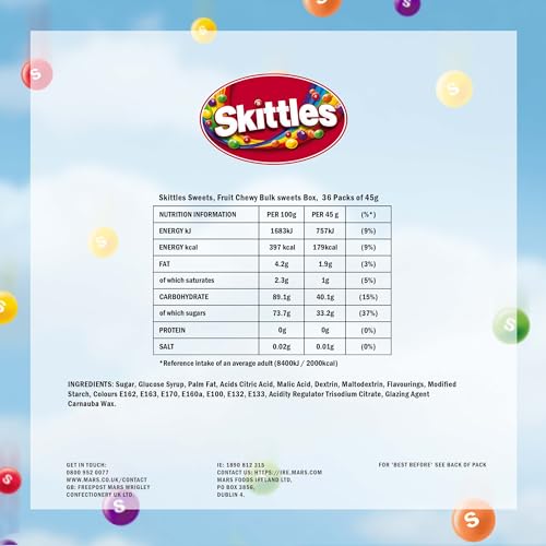 Skittles Vegane Süßigkeiten, 36 Packungen à 45 g, Kaubonbons mit Fruchtgeschmack und knuspriger Hülle, Großpackung 8