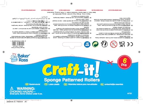 Baker Ross Sponge Patterned Rollers Set of 6 - Assorted Colors for Kids' Arts & Crafts 6