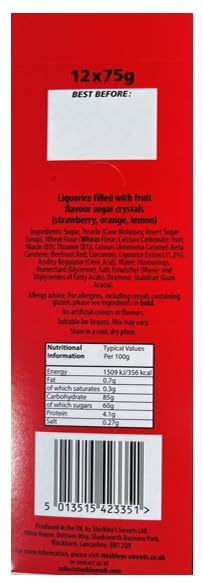 Flyers Liquorice Candy Sticks - 7 Pack x 12, Strawberry Orange Lemon Chewy Licorice Sweets with Fruit Crystal Centre 7