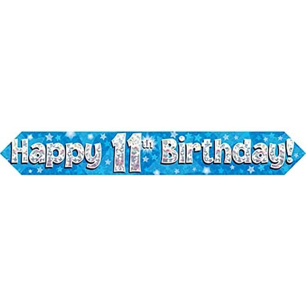 OakTree Happy 11th Birthday Banner - 9ft Blue Holographic | Foldable