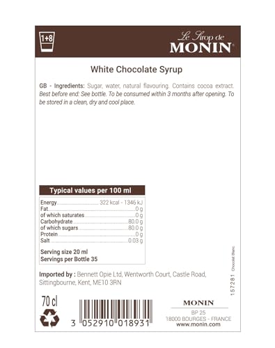 Monin Premium White Chocolate Syrup - Creamy Taste for Coffee & Cocktails | 700ml Glass Bottle