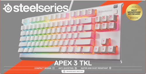 SteelSeries Apex 3 TKL White RGB Gaming Keyboard - UK Layout - 8-Zone RGB - Whisper-Quiet Switches - Water Resistant 8