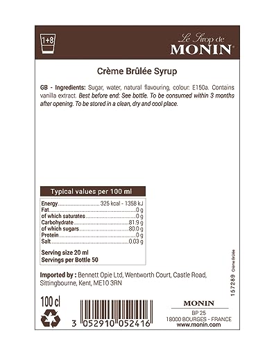 Monin Premium Creme Brulee Syrup - 1L Bottle | Natural Flavours | Vegan & Allergen-Free
