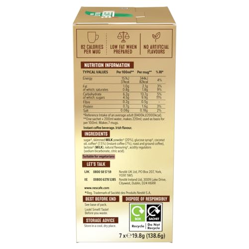 NESCAFÉ Irish Latte Instant Coffee 7 Sachets, 100% Responsibly Sourced