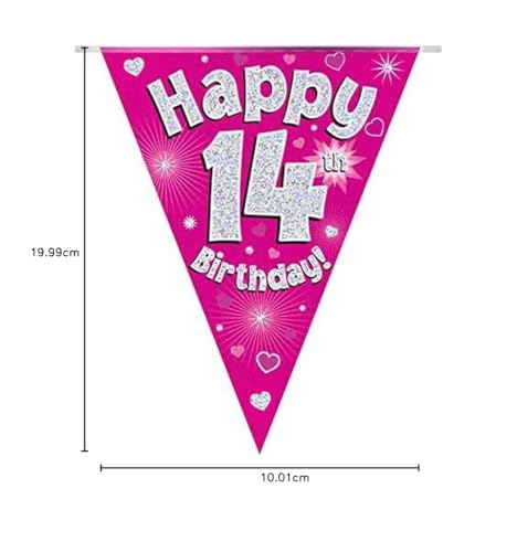 OAKTREE UK 630680 Party Bunting Happy 14th Birthday - Pink Holographic 11 Flags 3.9m