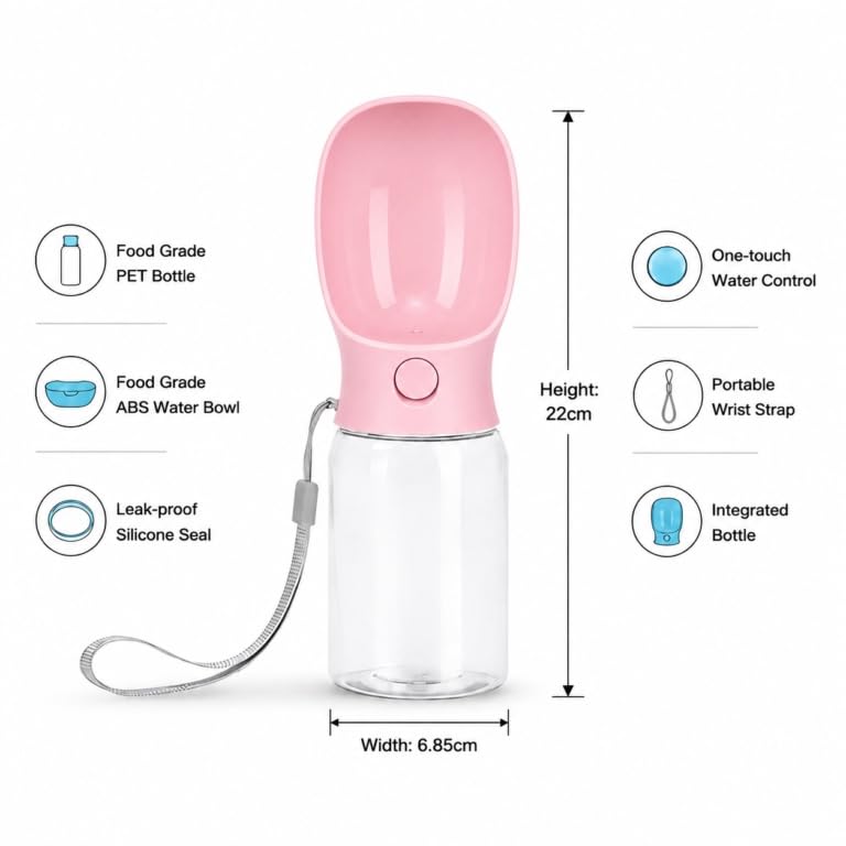 Muexoee Dog Water Bottle - 350ml Sakura Pink Portable Travel Water Dispenser