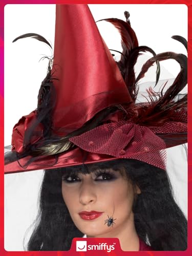 Smiffys Witch Deluxe Hat with Net & Feathers, Deep Red (36720)