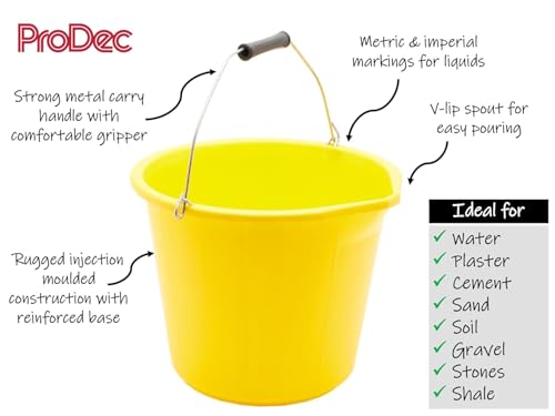 ProDec - Heavy Duty 14 Litre Yellow Plastic Builders Bucket 6