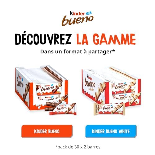 Kinder Bueno White Wafer Twin Bars, 60 Individually Wrapped Chocolate Bars, Milk Chocolate with Hazelnut Filling, Pack of 30 x 2 4