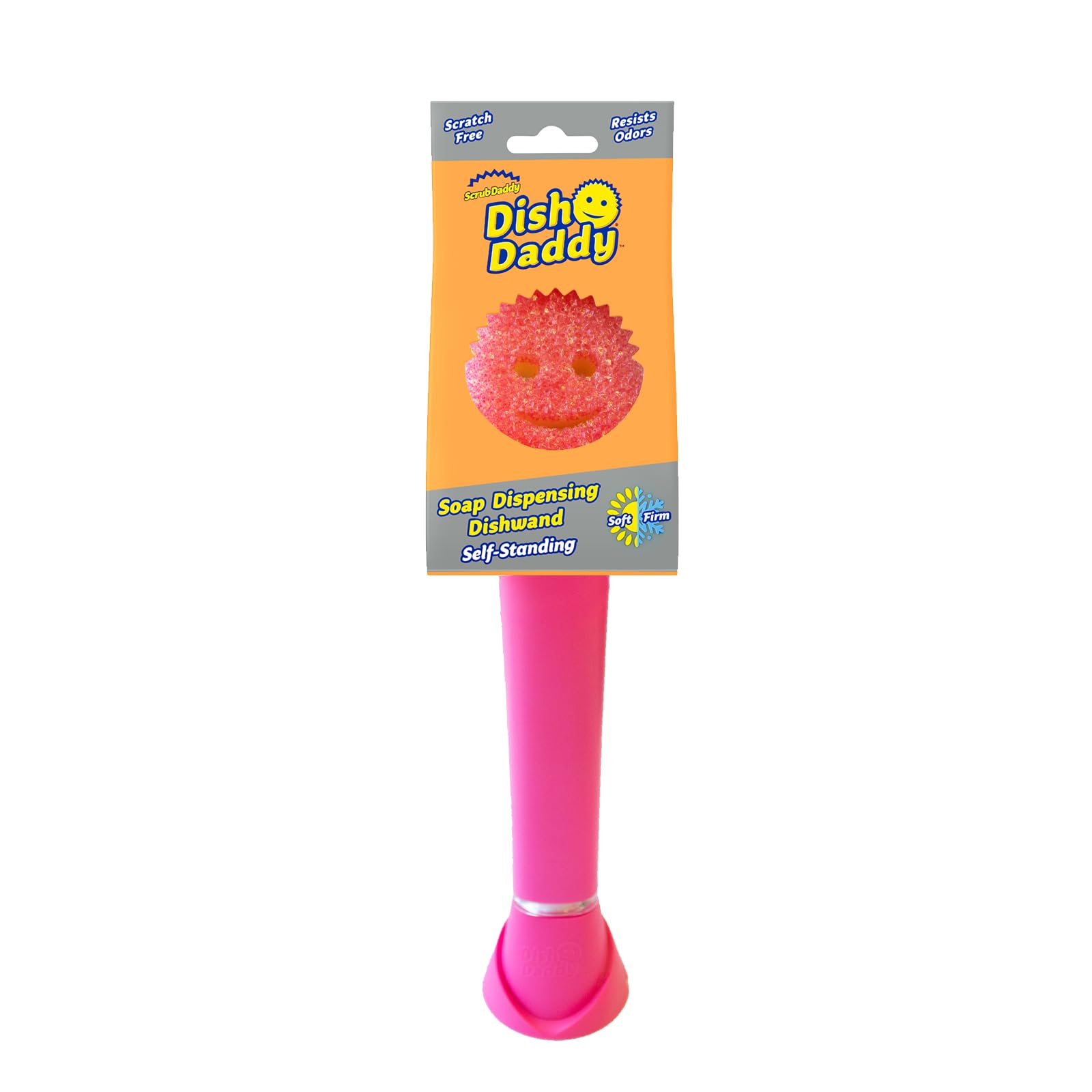 Scrub Daddy Dish Wand Scrubbing Brush with Handle - Soap Dispensing, Texture-Changing Sponge, Scraper & Detachable Head, Pink