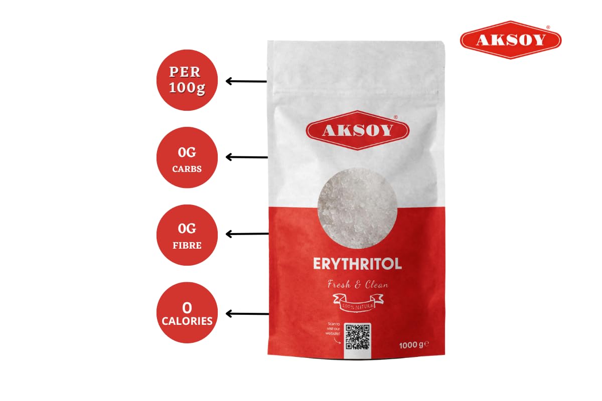 Aksoy Reines Erythrit, 100 % natürlich, 1 kg (2,2 lb), kalorienfreier Süßstoff