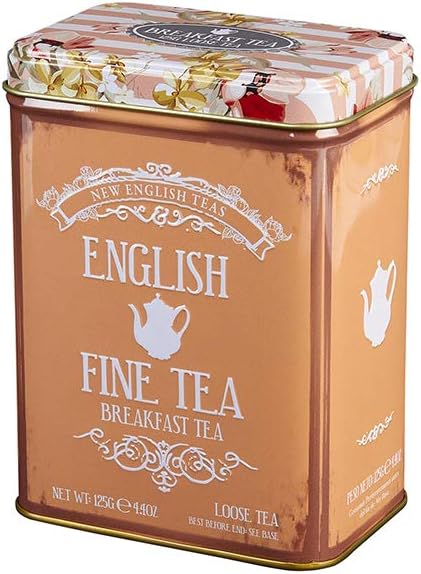 New English Teas - Floral Tea Tin with 125g Loose-Leaf English Breakfast Tea