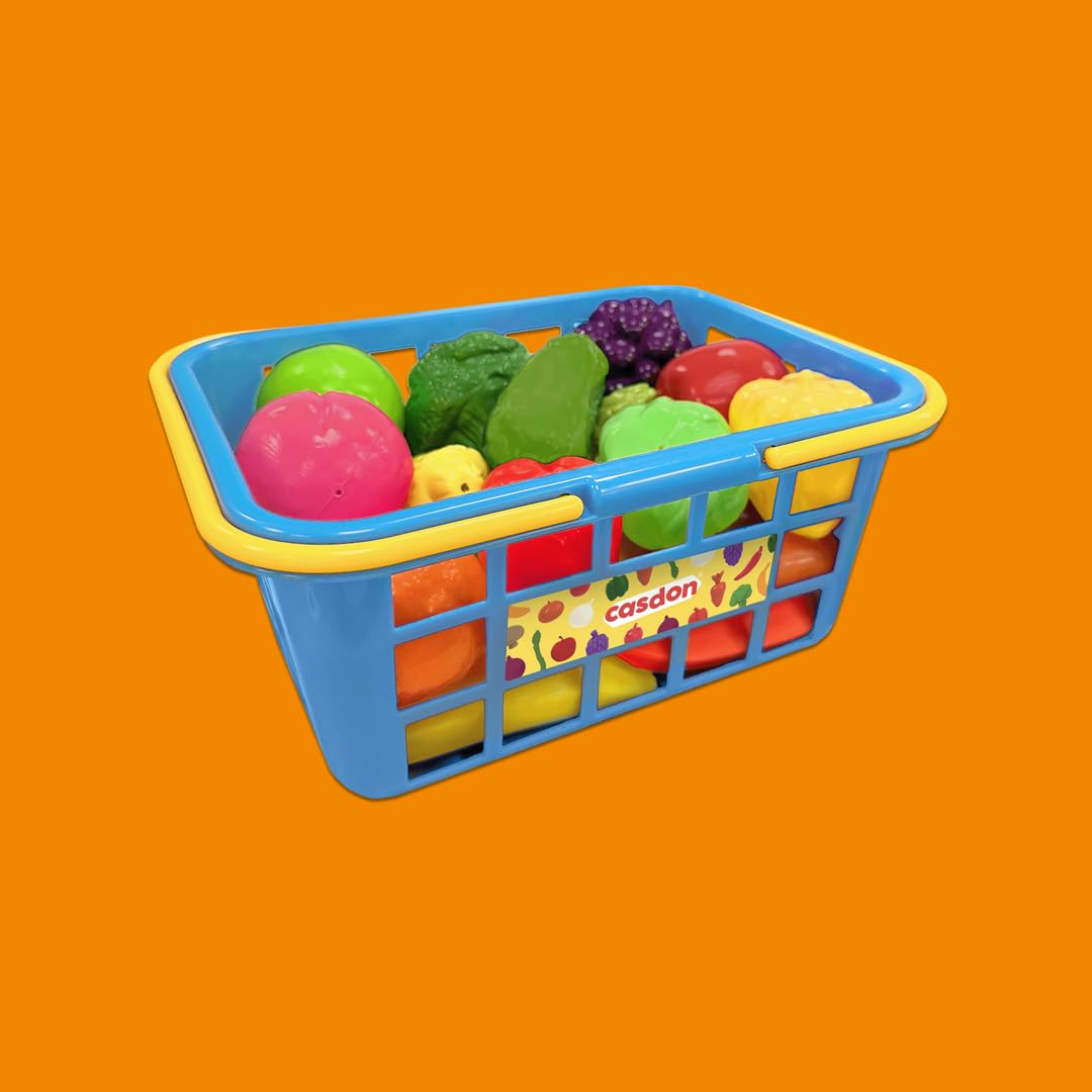 Casdon Fruit & Veg Assorted Toy Basket with 21-Piece Fruits and Vegetables Set for Pretend Play