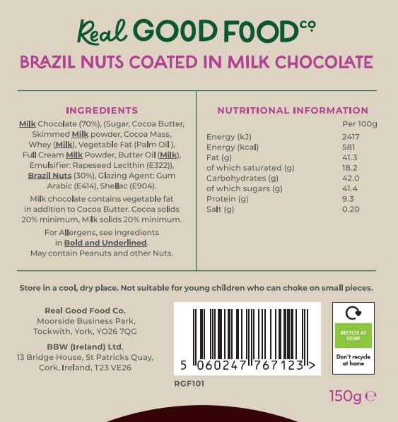 Real Good Food Co Milk Chocolate Brazil Nuts 150g - Chocolate Coated Nuts Snack 3