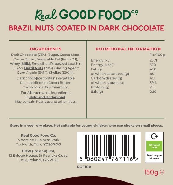 Real Good Food Co Dark Chocolate Brazil Nuts 150g - Chocolate Coated Nuts Snack 3