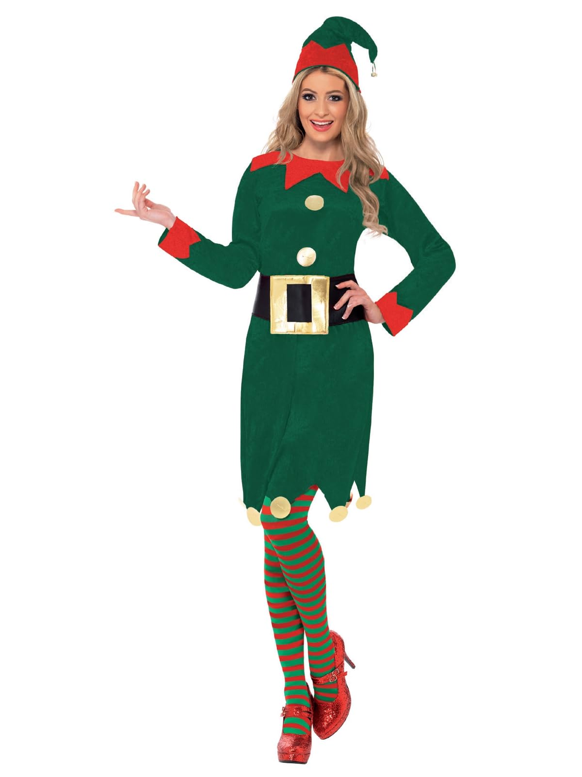 Smiffys Elf Costume - Green Dress with Hat & Belt, Adult Christmas Fancy Dress