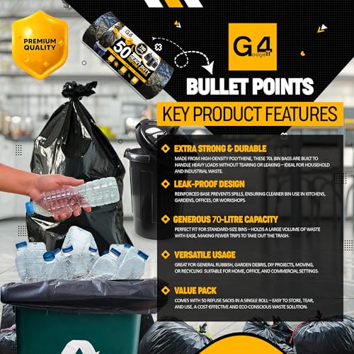 G4GADGET 70L Bin Bags (10 Pack) - Heavy Duty Black Refuse Sacks, Tear & Leak-Resistant Waste Bags 6