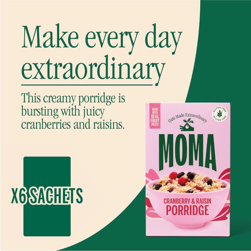 MOMA Cranberry & Raisin Porridge Sachets - 6 x 40g - Made with British Oats