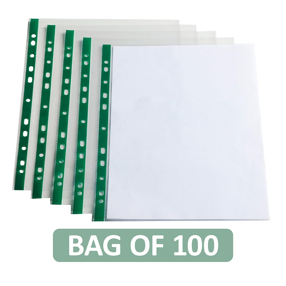 SUMMIT A4 Glass Clear Punched Pockets - Pack of 100 | Tear-Resistant Polypropylene | Universal Multi-Punch