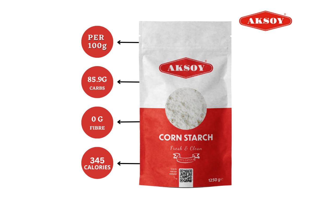 AKSOY 100% Pure Corn Starch | 1.25 KG Resealable Pouch | Non-GMO, Vegan Thickener for Gravy, Sauces, Baking & Puddings