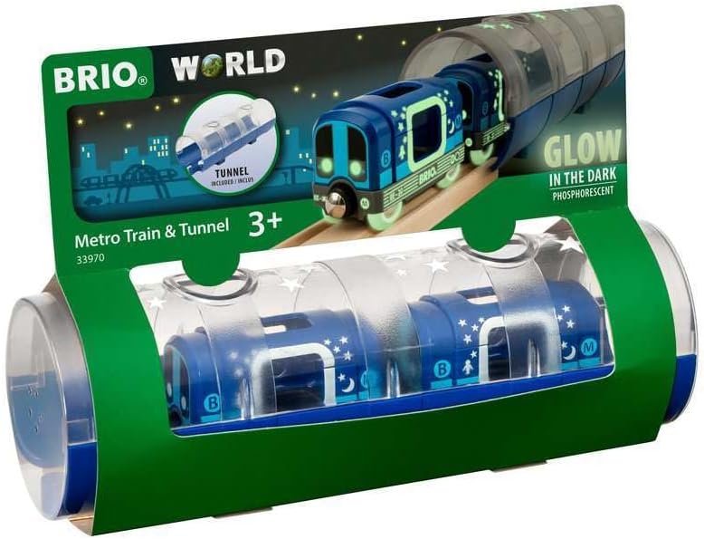 BRIO World Glow in the Dark Metro Train & Tunnel - Wooden Railway Playset for Kids 3+