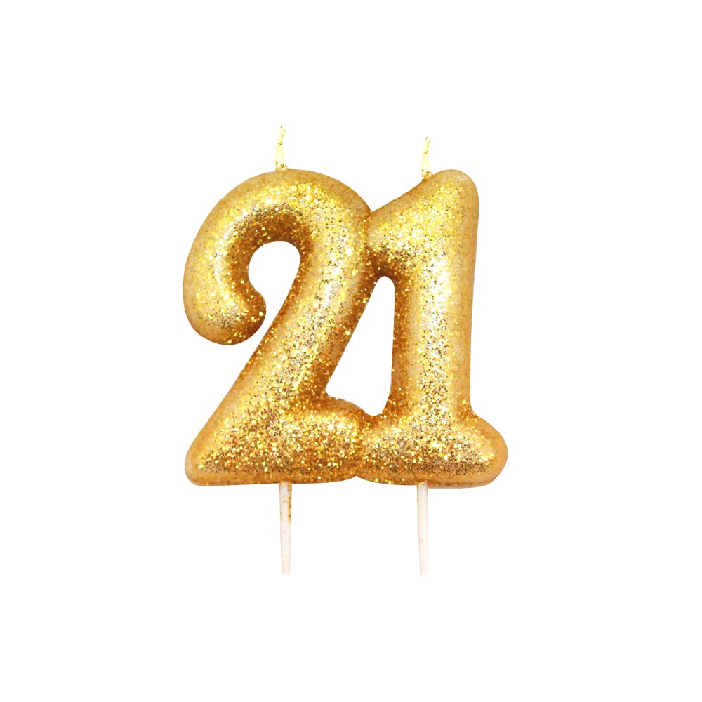 Anniversary House Number 21 Glitter Birthday Candle - Gold, 7cm Tall 1