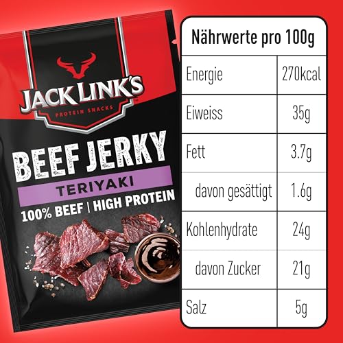 Jack Link's Beef Jerky, Teriyaki Flavour, Multipack of 12 x 25g Bags, High Protein Meat Snack, Made with Premium Beef 9