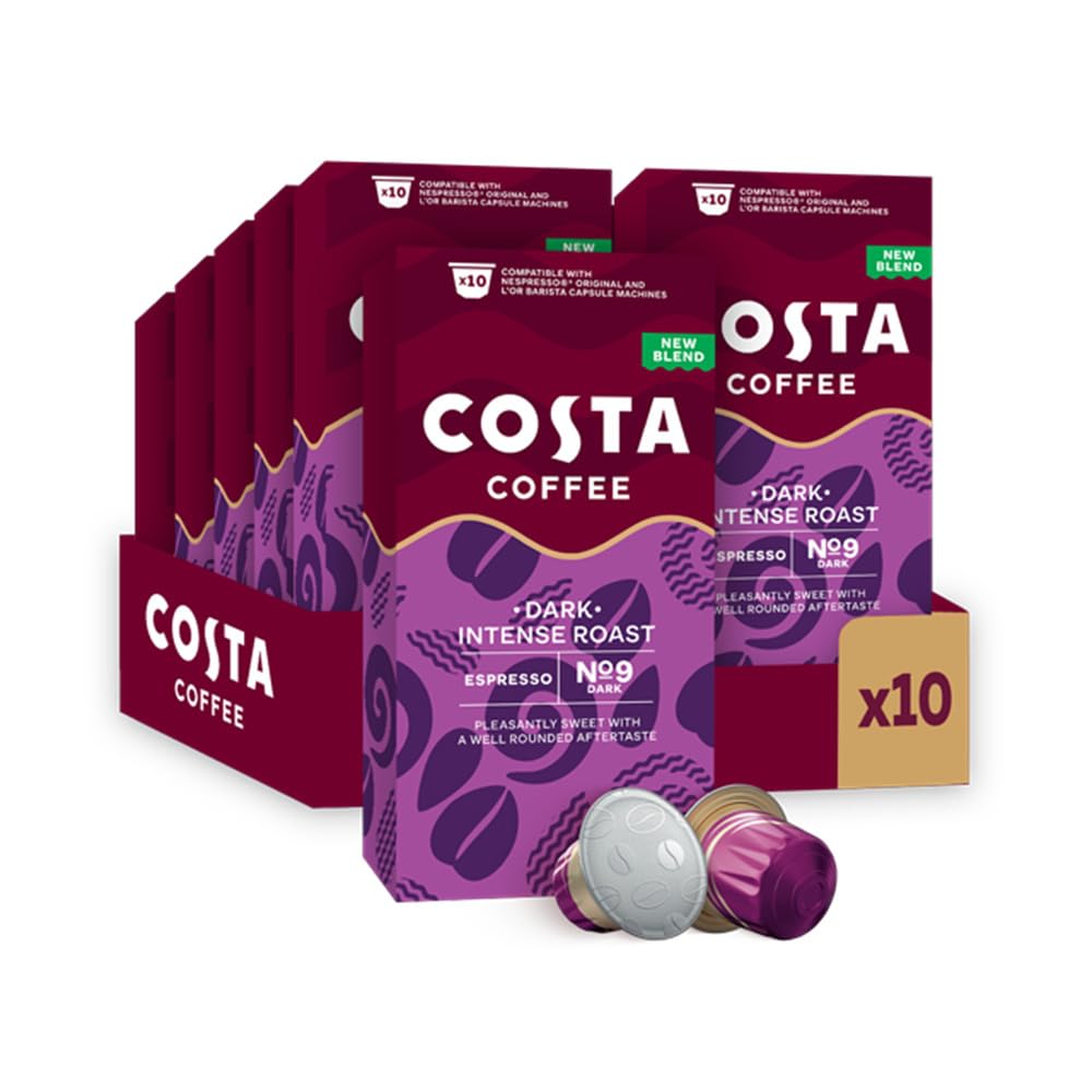 Costa Dark Intense Roast Aluminium Coffee Pods (Pack of 10, 100 Total) - Fortuna Model - Compatible with NespressoⓇ* Original & L’OR Barista