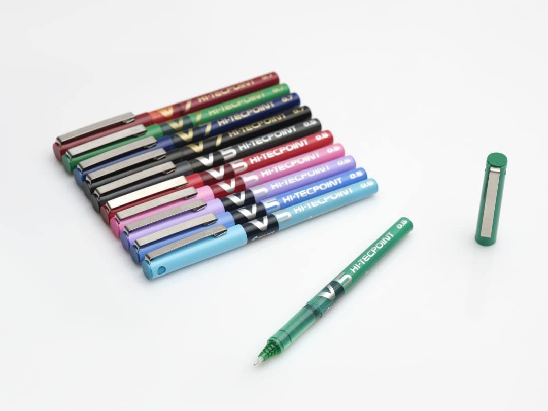 PILOT V5 Liquid Ink Rollerball Pen Set - 0.5mm Fine Tip | Black, Blue, Red, Green | Pack of 4 8