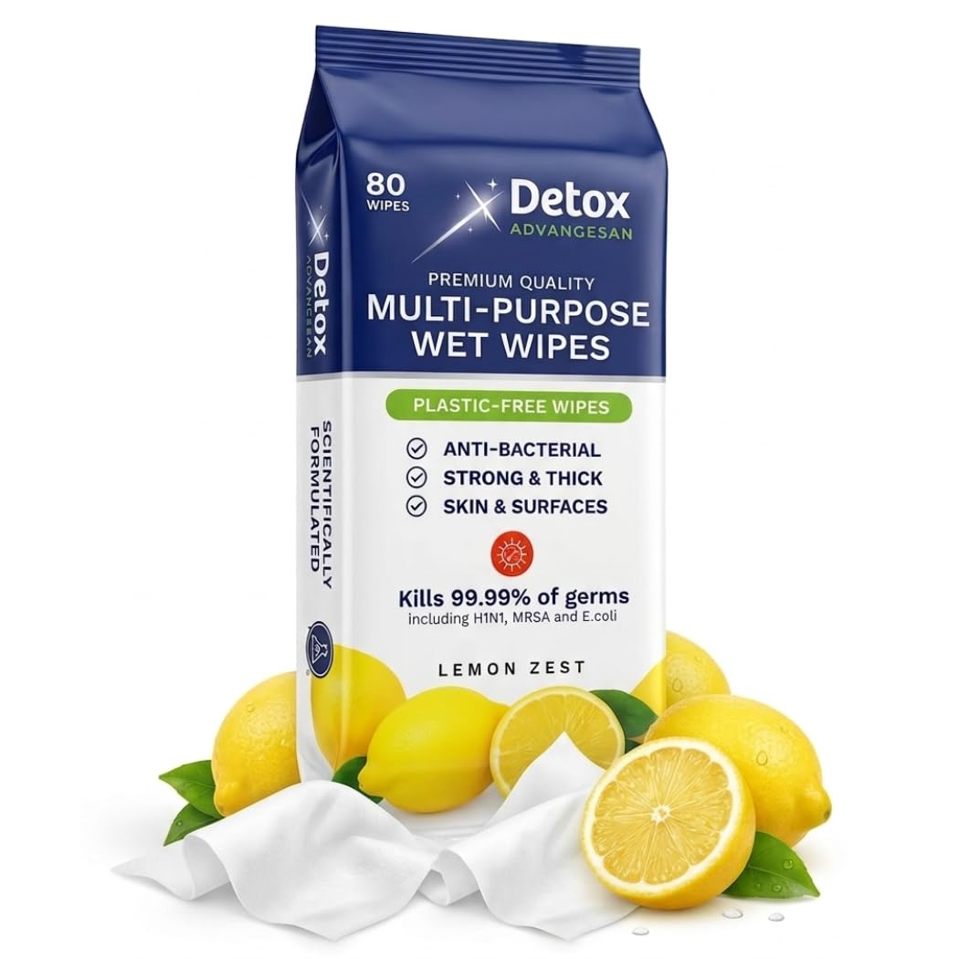 Detox AdvanceSan Multipurpose Antibacterial Wipes - Biodegradable, Lemon Scented, 80 Count