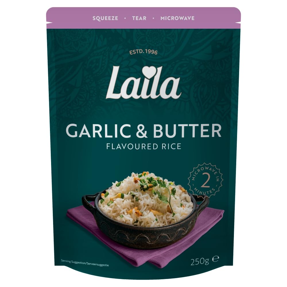 LAILA Garlic & Butter Microwave Rice - 250g | Ready in 2 Minutes | Fluffy Basmati