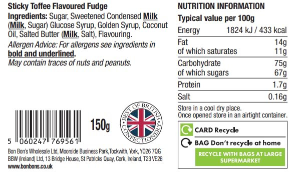 Bon Bon's Gourmet - Sticky Toffee Fudge Bag, Handmade British Fudge, 150g