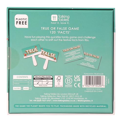 Talking Tables Christmas Festive True or False Quiz Game, Card Game for Adults & Kids, 60 Question Cards 4