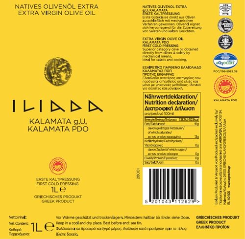 Iliada PDO Kalamata Extra Virgin Olive Oil Tin - 1000 ml 4