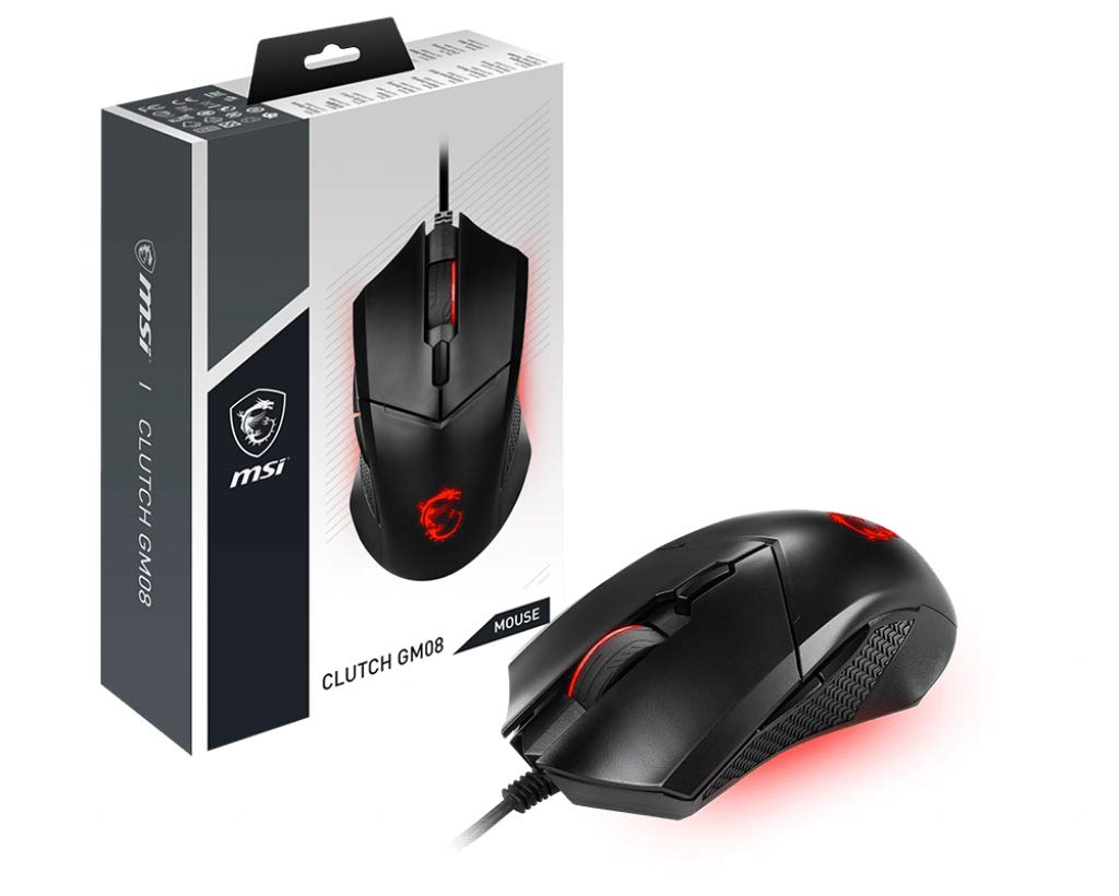 MSI Clutch GM08 Gaming Mouse - 4200 DPI Optical Sensor, Adjustable Weight, 6-Button Symmetrical Design, Red LED, 92g - Wired