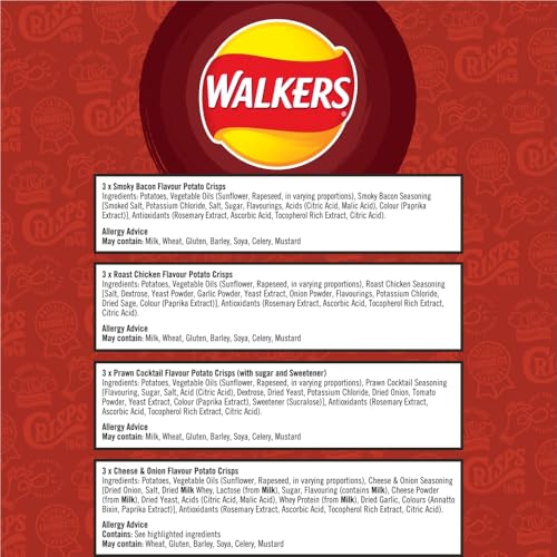 Walkers Meaty Variety Multipack Chips 12x25g - Geräucherter Speck, Brathähnchen, Krabbencocktail, Käse und Zwiebeln 5