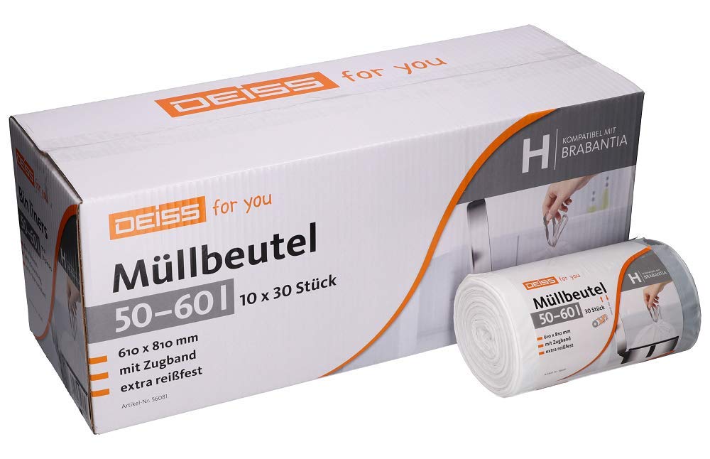 DEISS 50-60 Litre Bin Liners with Drawstring for Brabantia Touch Bin Size H - Pack of 30