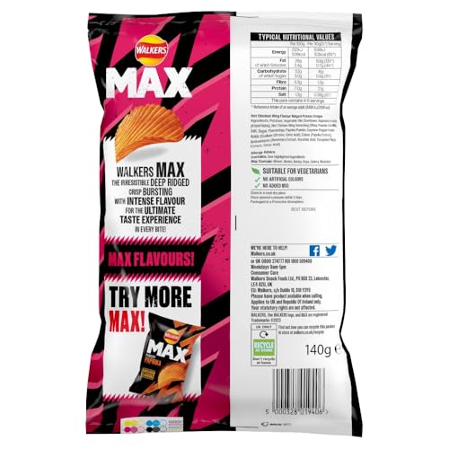 Walkers Max Strong Hot Chicken Wings Sharing Crisps 140g 6