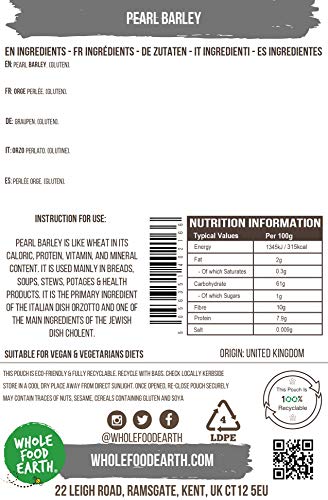Wholefood Earth Pearl Barley 1 kg | GMO Free | High Fibre | Vegan | Recyclable Packaging 6