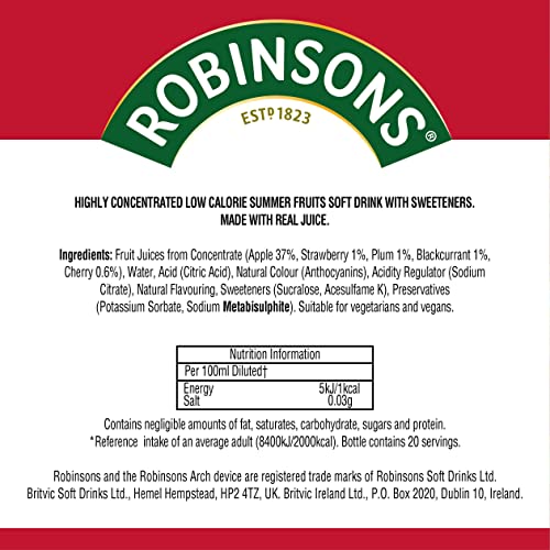 Robinsons Mini Summer Fruits Squash - No Added Sugar, Low Calorie, 66ml Concentrate for 20 Drinks 5