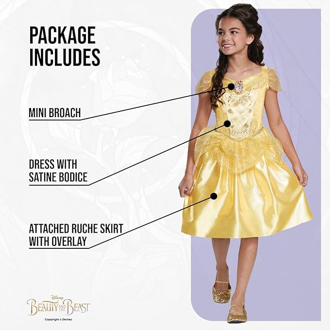 Disney Princess Belle Classic Costume Dress - Satin Bodice & Tulle Overlay, Size S (5-6) 11