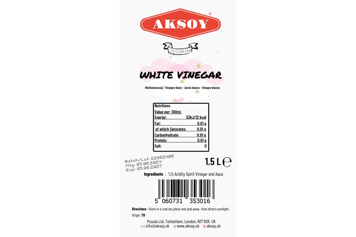 AKSOY Distilled White Spirit Vinegar - 1.5L | Premium Quality for Cooking & Natural Cleaning 7