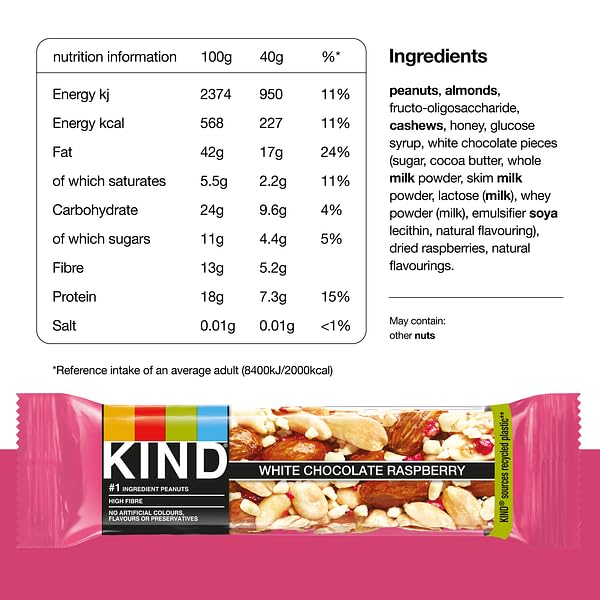 KIND White Chocolate Raspberry Snack Bars, Gluten Free, High Fibre, No Artificial Ingredients, 12 x 40g 3
