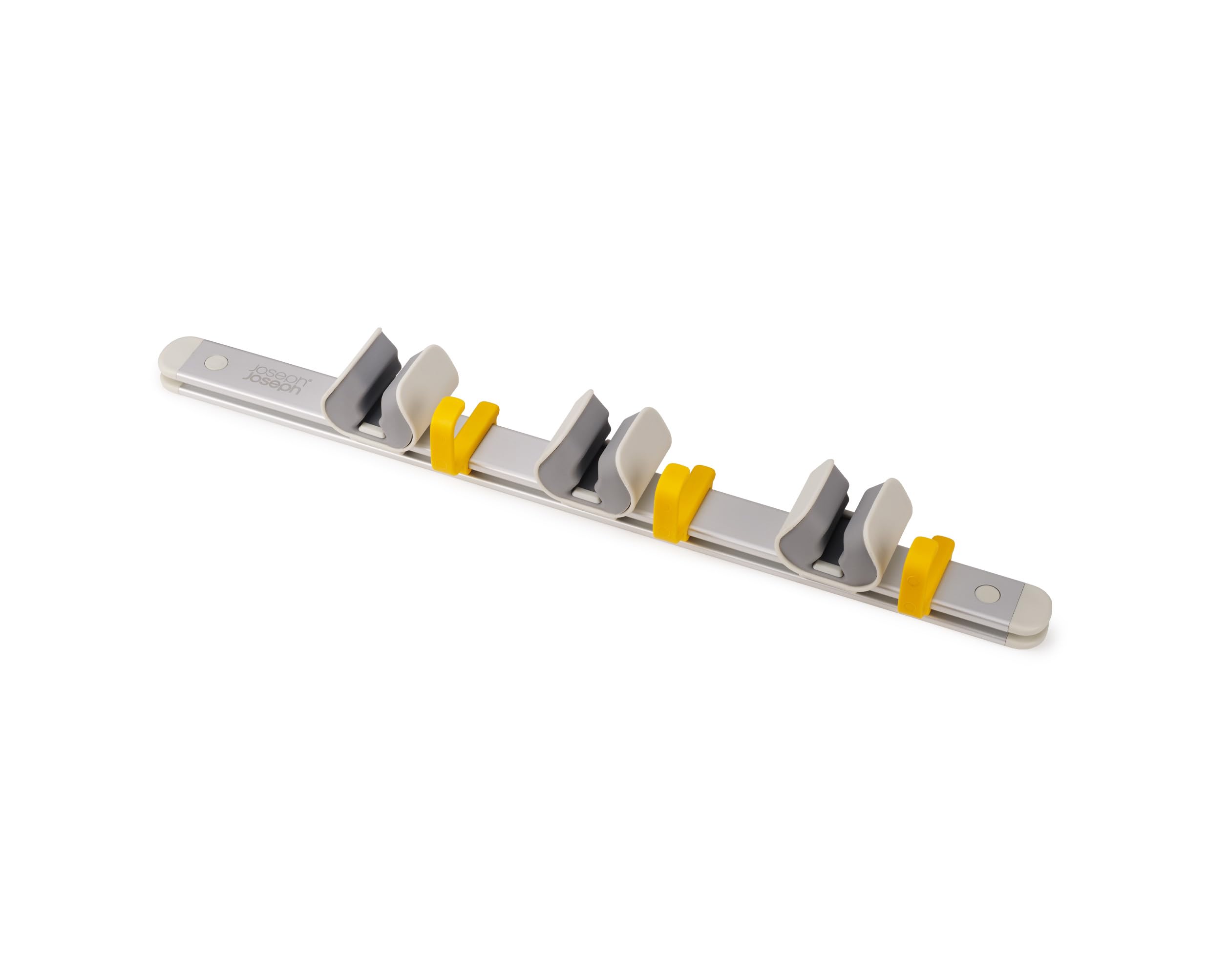 Joseph Joseph CleanTech Utility Tool Storage Rail with 3 Pole Grips & 3 Hooks | Silver-grey Aluminium