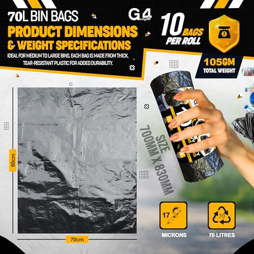 G4GADGET 70L Bin Bags (10 Pack) - Heavy Duty Black Refuse Sacks, Tear & Leak-Resistant Waste Bags 8