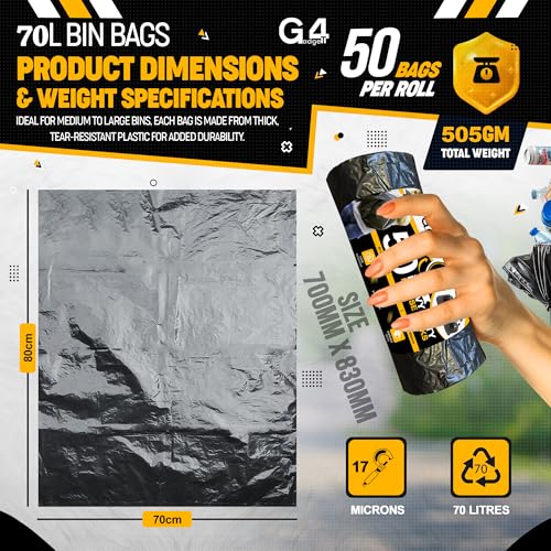 G4GADGET 70L Black Bin Bags (50 Bags) – Heavy-Duty Refuse Sacks for Home & Commercial Use 8