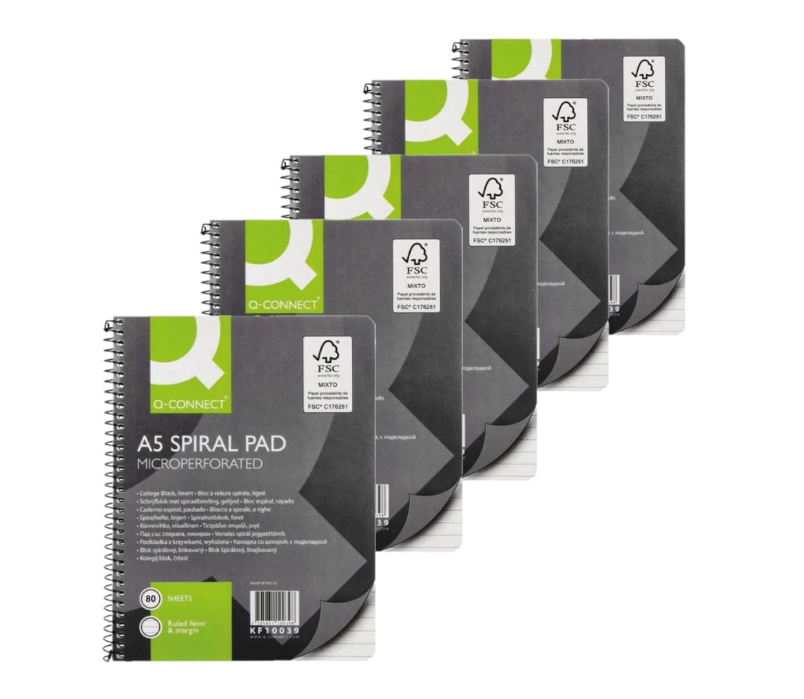 Q-Connect Executive A5+ Spiral Notebook - 80 Leaf Ruled Feint/Margin | Soft Cover | 5 Pack