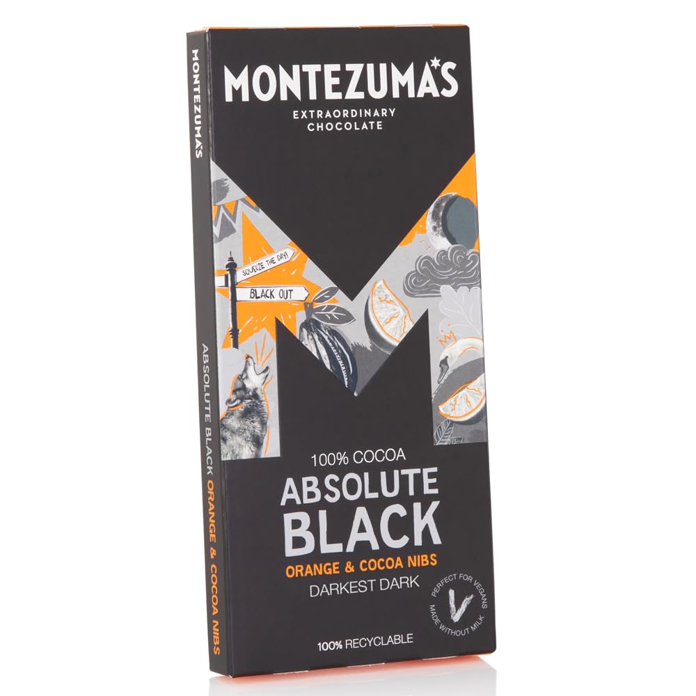 Montezuma - Absolute Black 100% Cocoa Dark Chocolate with Orange & Cocoa Nibs 90g Bar